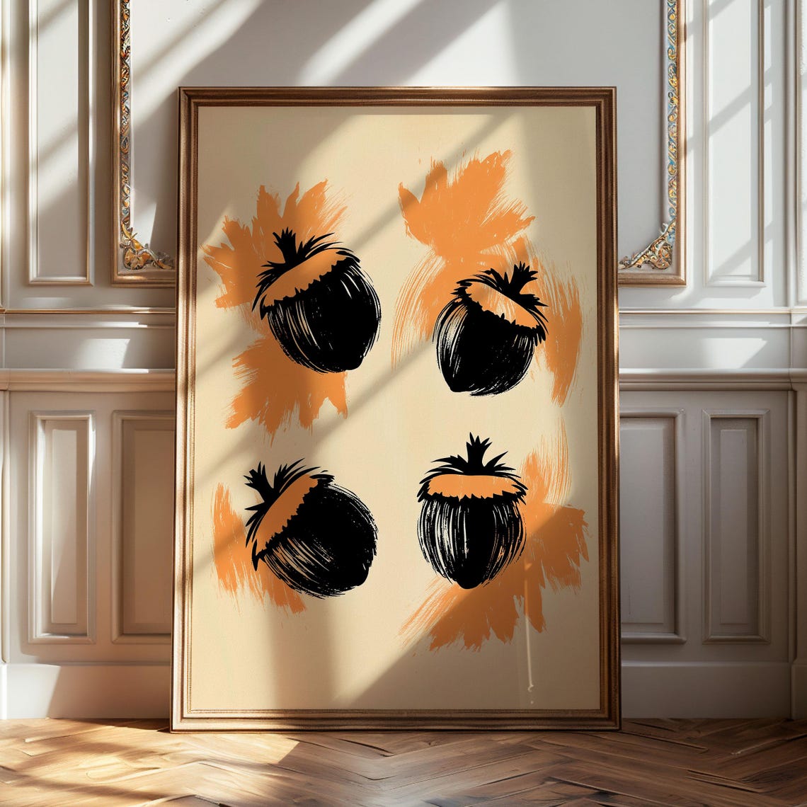 Abstract Acorn Sketch Set Orange Brushstroke Minimalist Art Poster