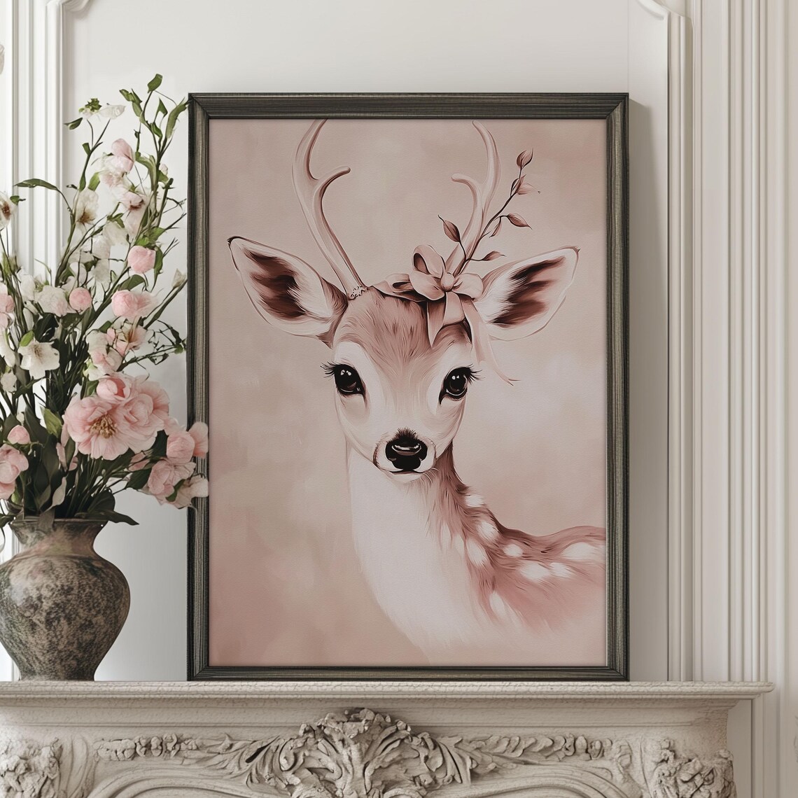 Cute Baby Deer Fawn Pink Bow Big Eyed Winter Animal Portrait Poster - Image 4