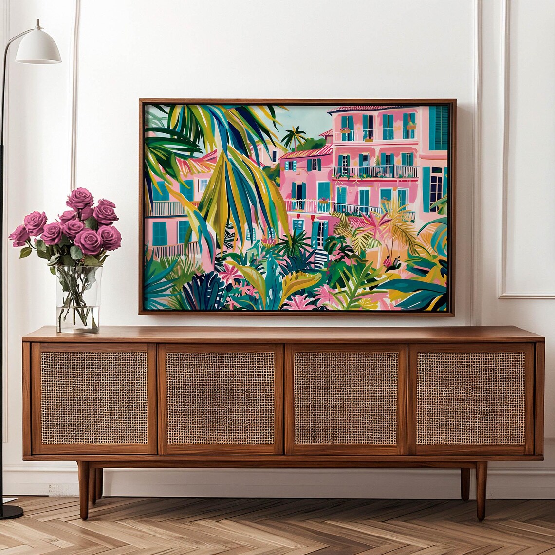 Pink Buildings Teal Shutters Palm Trees Tropical Cityscape Poster - Image 2