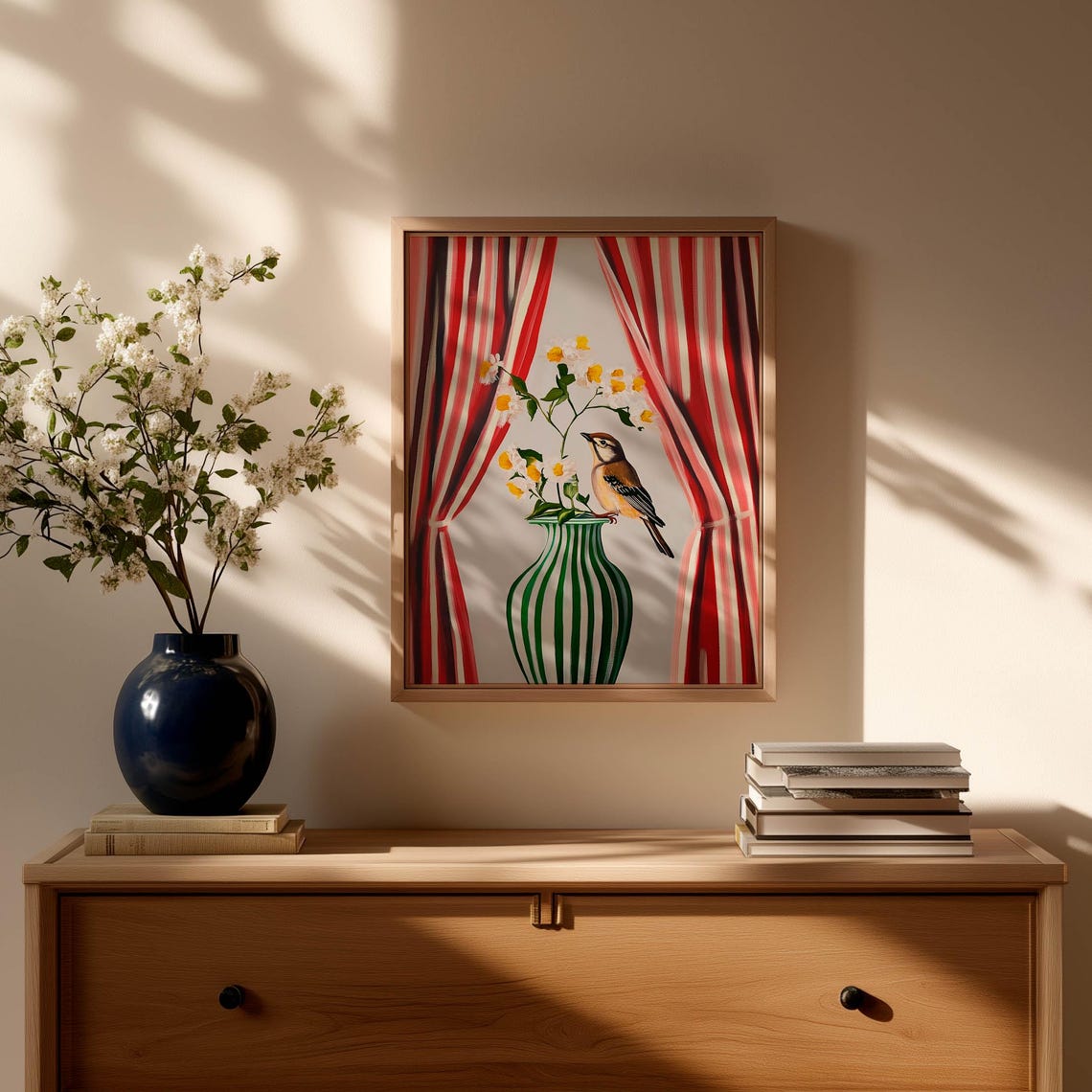 Red Green Stripe Bird Drawing Art Print
