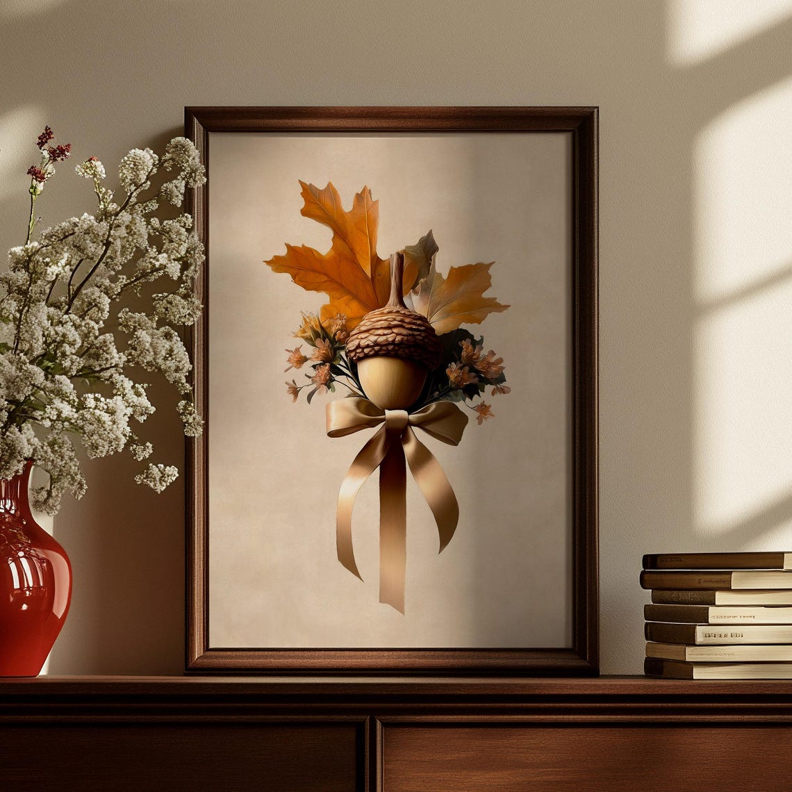 Acorn With Gold Satin Bow Dried Flowers And Maple Leaves Art Poster - Image 4