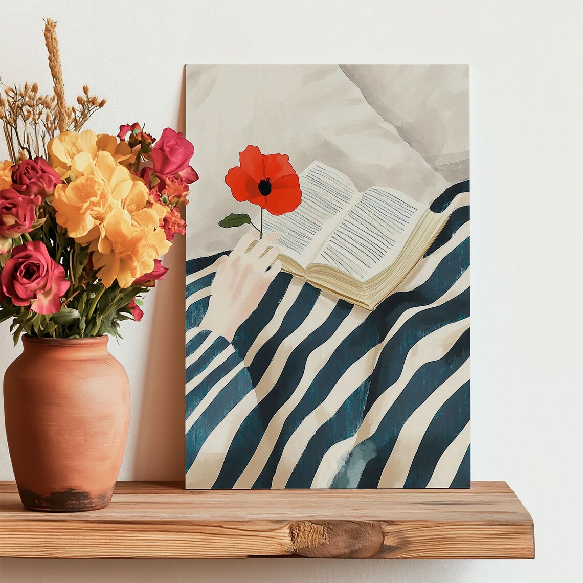 Cozy Woman Reading Book with Red Poppy Striped Shirt Art Poster - Image 3