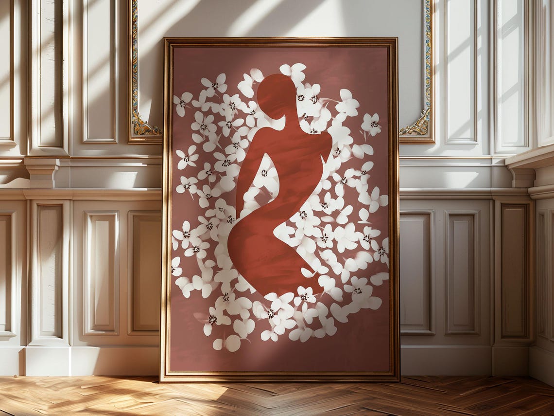 Red Woman Silhouette Surrounded By White Blossoms Dusty Rose Poster - Image 4