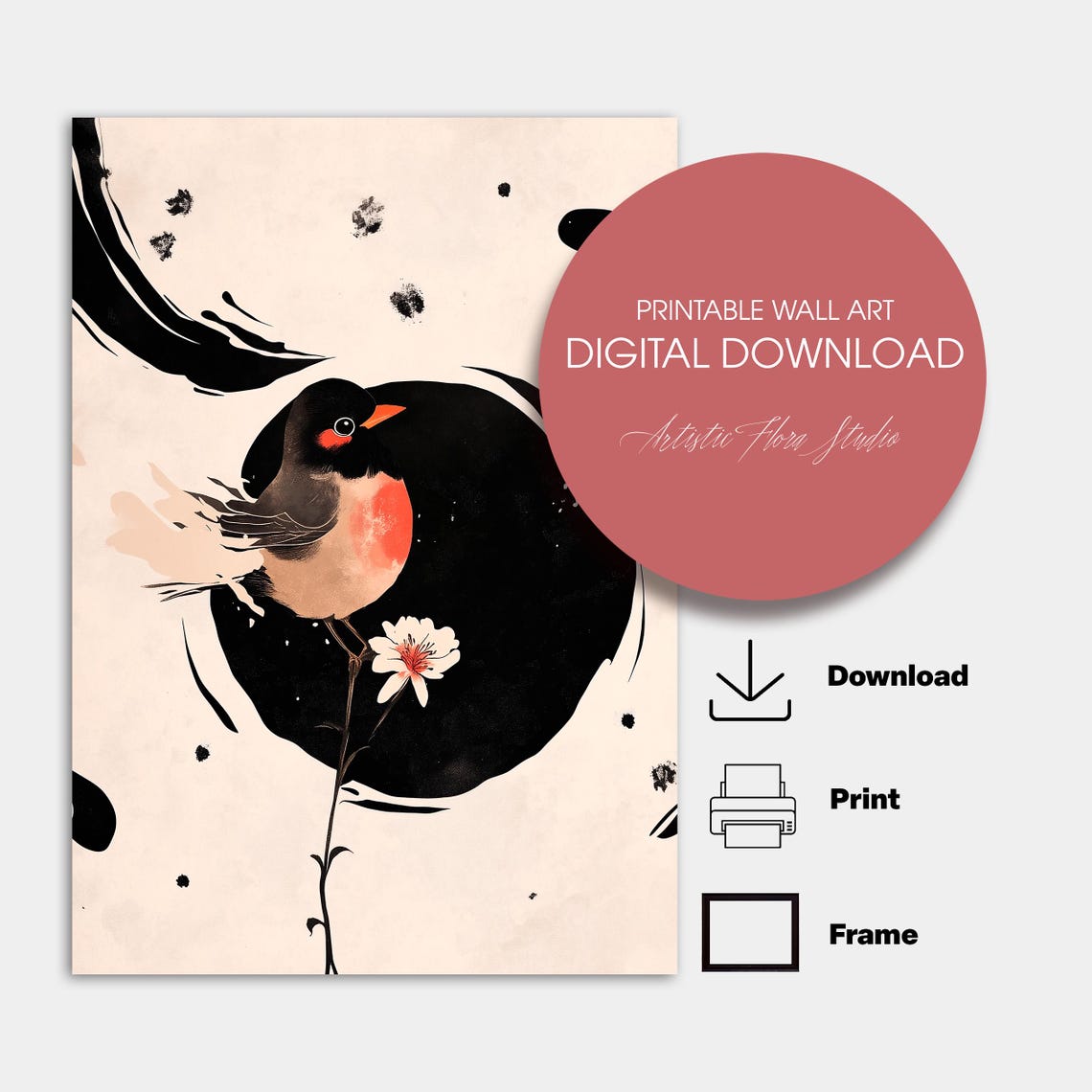 Robin Bird Blossom Black Ink Circle Japandi Minimal Wall Poster - Image 2