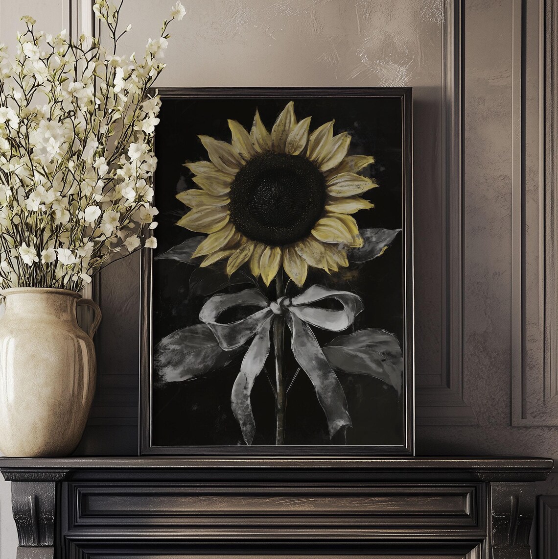 Sunflower White Bow Dark Moody Oil Painting Floral Art Poster - Image 3