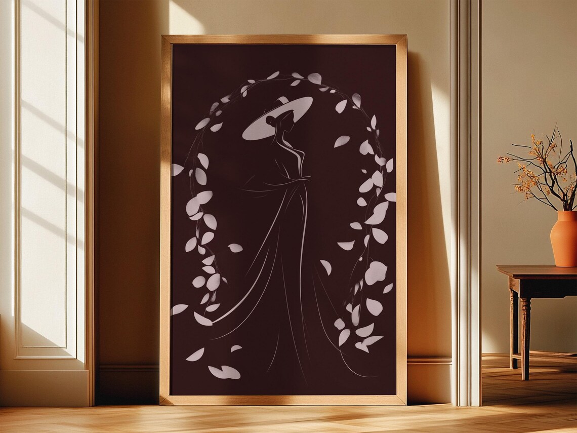 Elegant Woman in Hat Silhouette Falling Petals Dark Romantic Poster