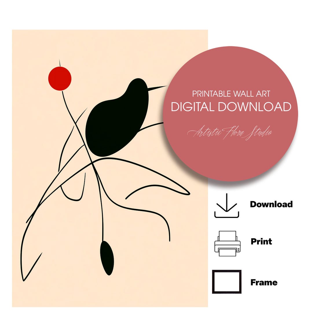 Abstract Bird Black Silhouette Red Dot Minimalist Art Poster - Image 3