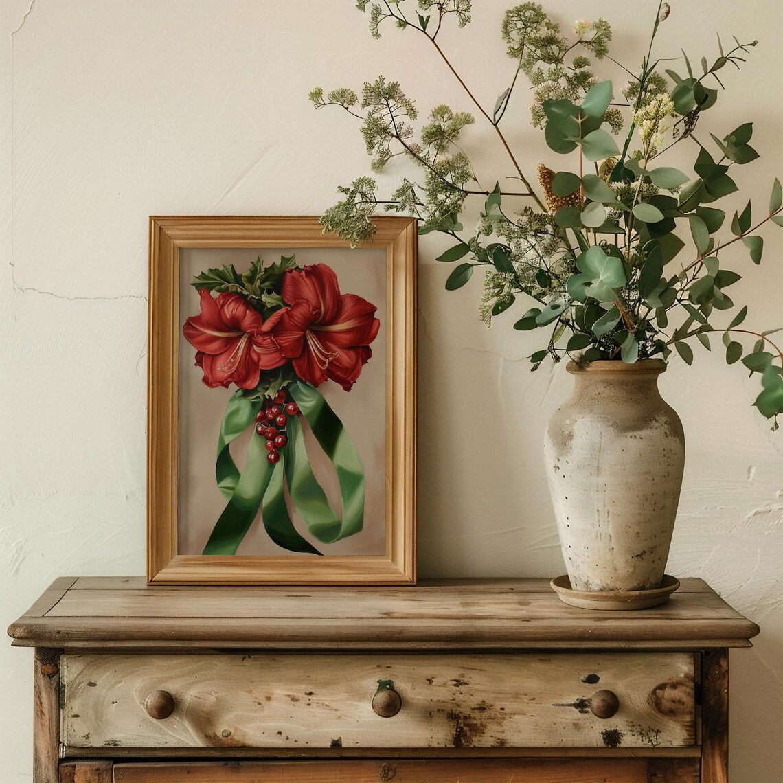 Red Amaryllis Bouquet With Holly Berries And Green Ribbons Poster - Image 4