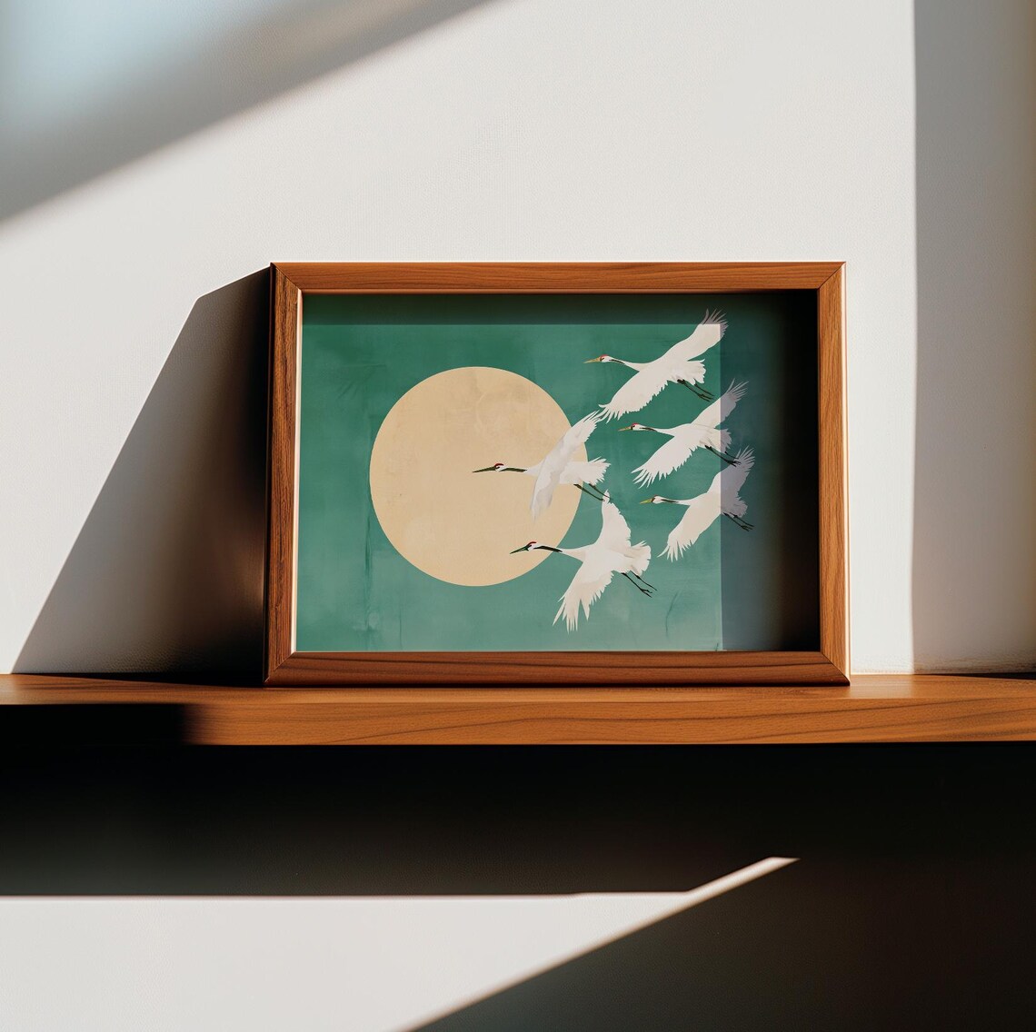 Flying White Cranes Over Gold Moon Japandi Teal Style Poster
