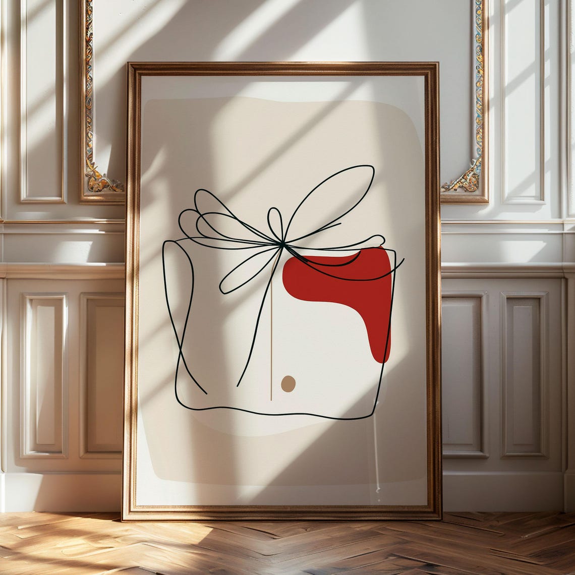 Abstract Line Drawing Christmas Gift Box With Red Shape Art Poster