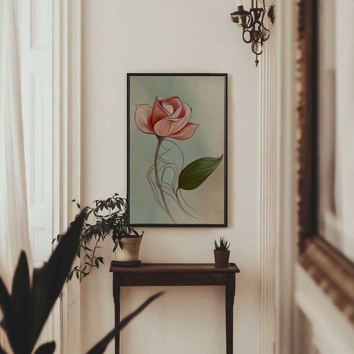 Pink Rose Woman Line Art Sage Green Elegant Feminine Wall Poster - Image 3