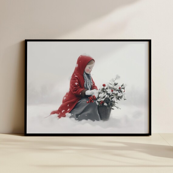 Girl In Red Hooded Cape Gathering Winterberries In Snow Painting Poster
