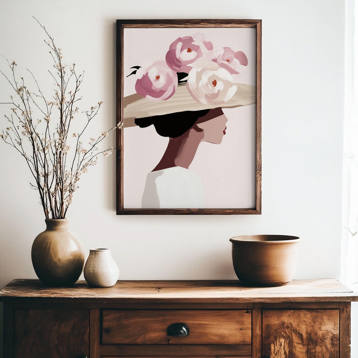 Elegant Woman in Floral Sun Hat Profile Fashion Watercolor Poster - Image 3