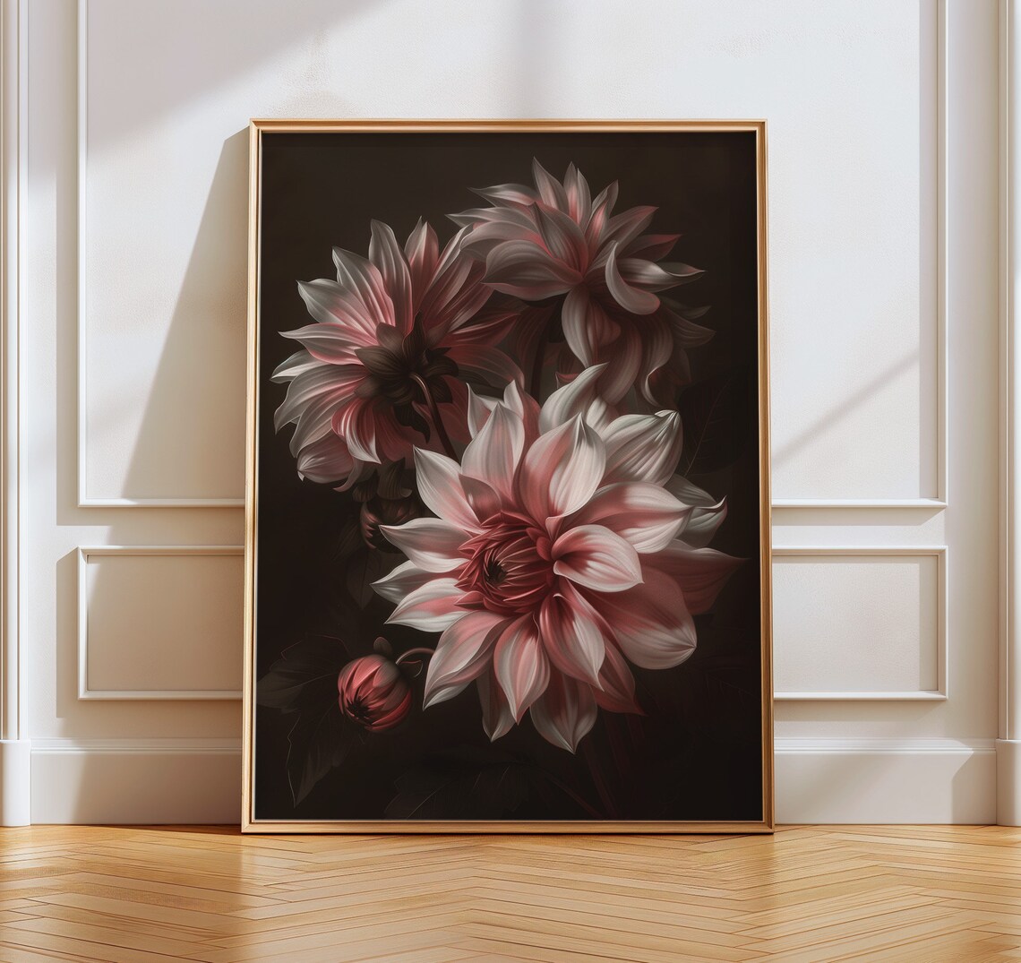 Dahlia Blossom Dark Moody Floral White Pink Botanical Art Poster