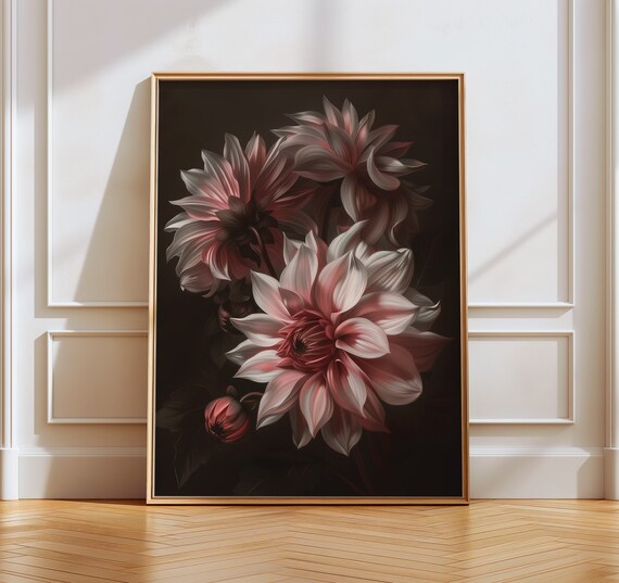 Dahlia Blossom Dark Moody Floral White Pink Botanical Art Poster