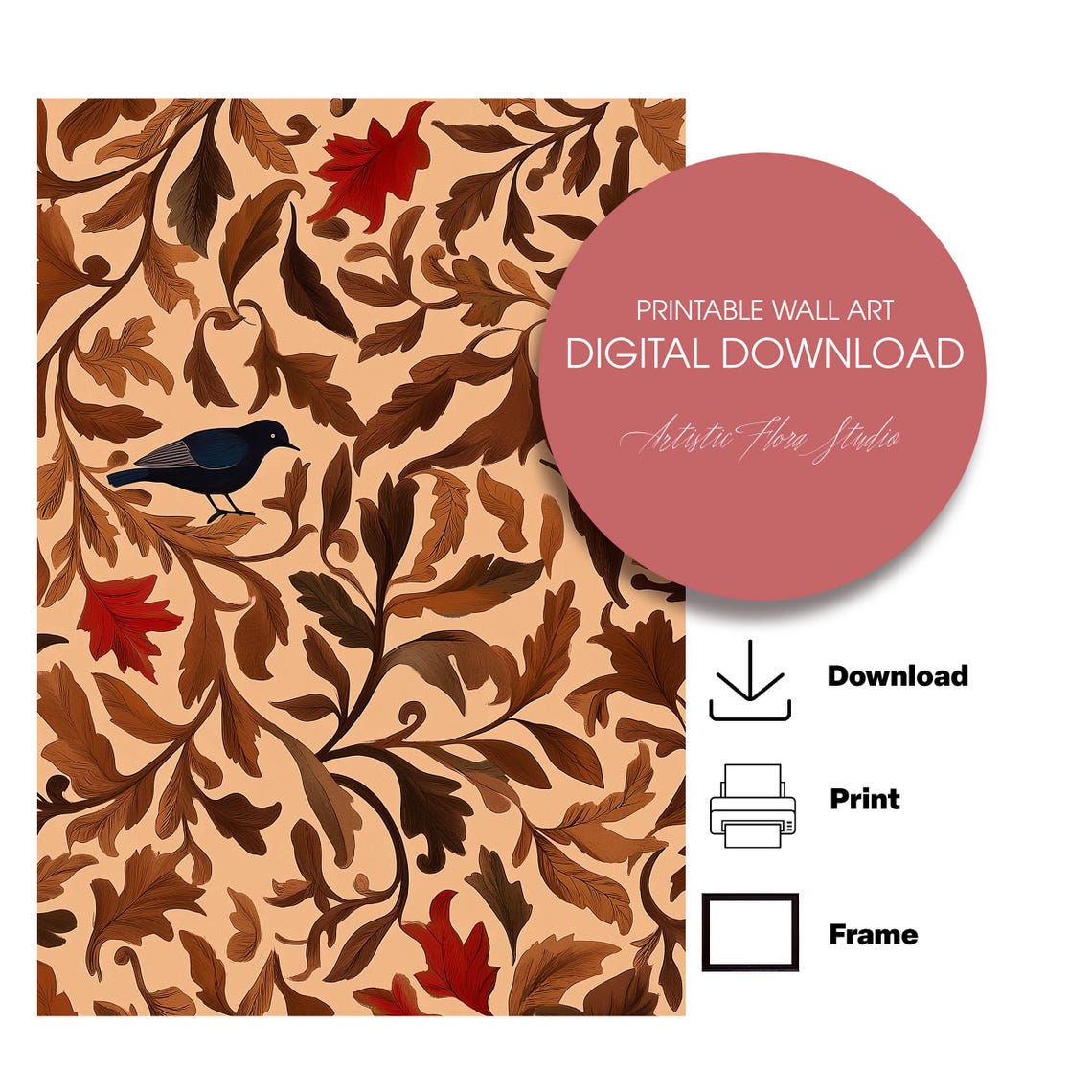 Vintage Botanical Tapestry Bird and Autumn Leaf Pattern Poster - Image 3