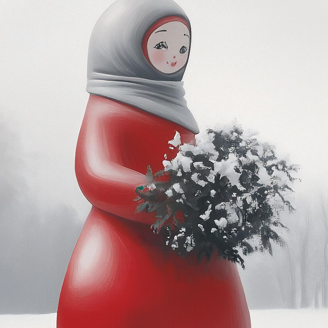 Red Matryoshka Doll With Gray Scarf In Snowy Landscape Art Poster - Image 3