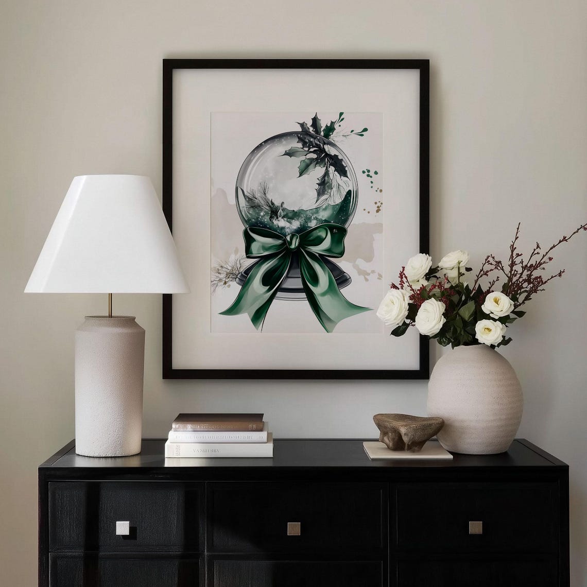 Green Holly Snow Globe With Satin Bow Christmas Watercolor Art Poster - Image 4