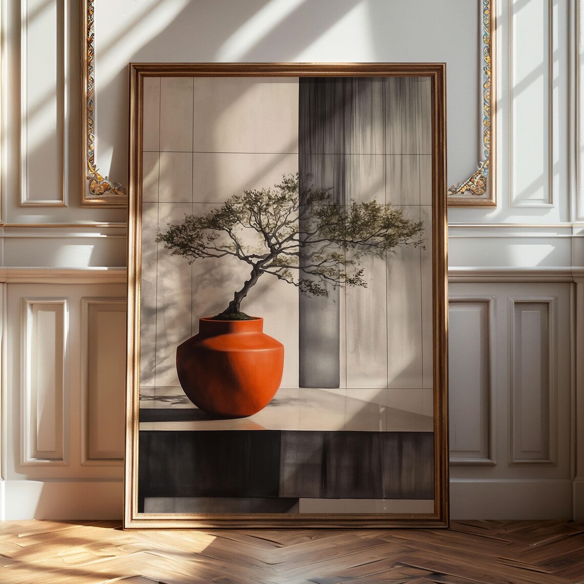 Bonsai Tree in Burnt Orange Vase Contemporary Minimalist Art Poster