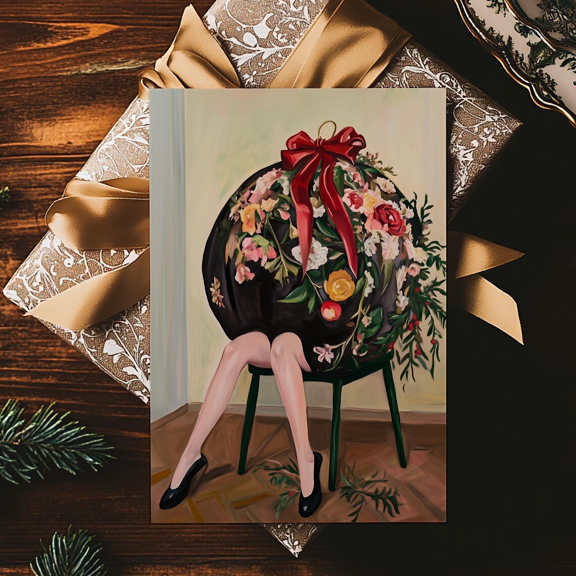 Woman With Giant Floral Christmas Bauble And Red Bow Surreal Poster - Image 2