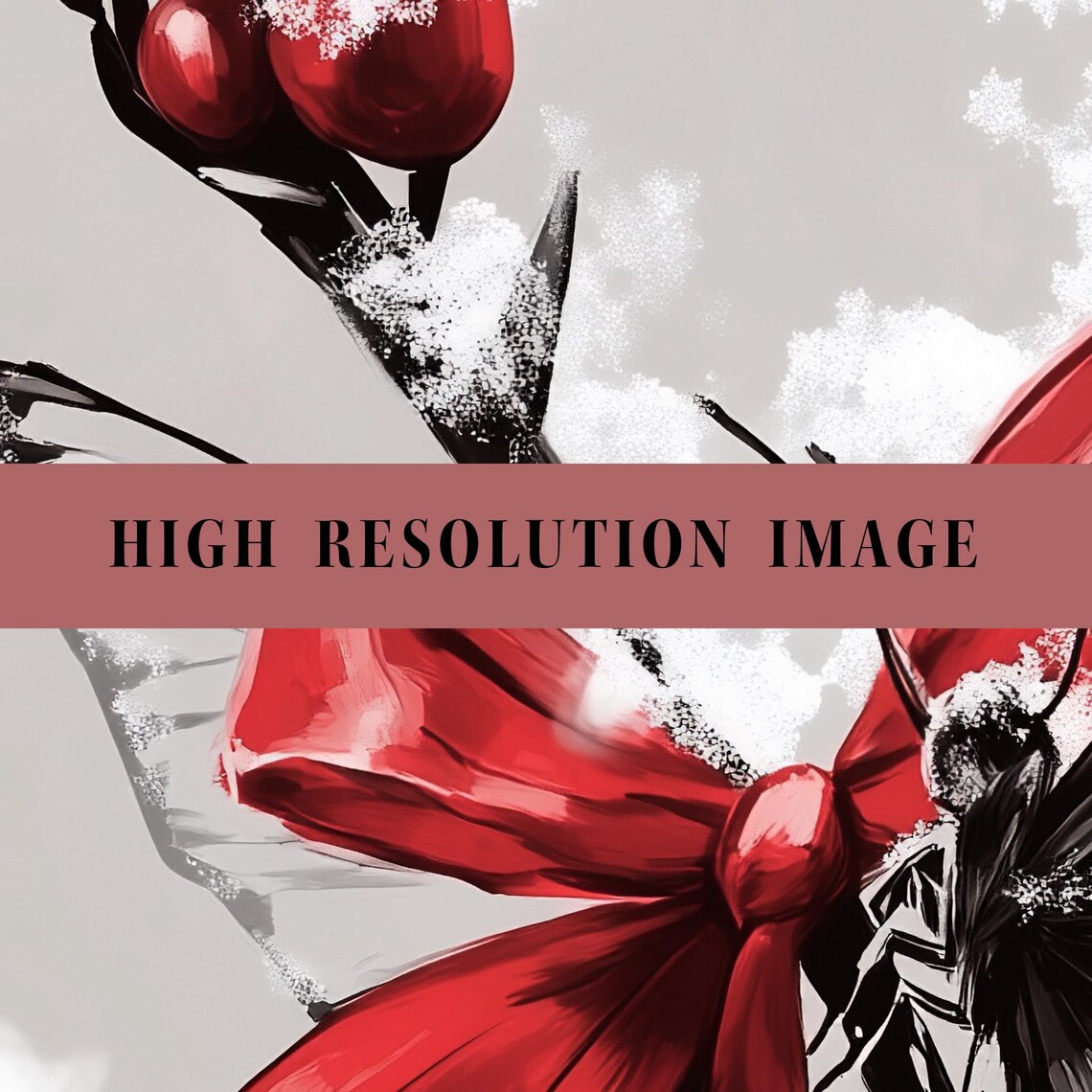 Red Bow Winterberry Branch With Butterfly Snow Painting Poster - Image 2