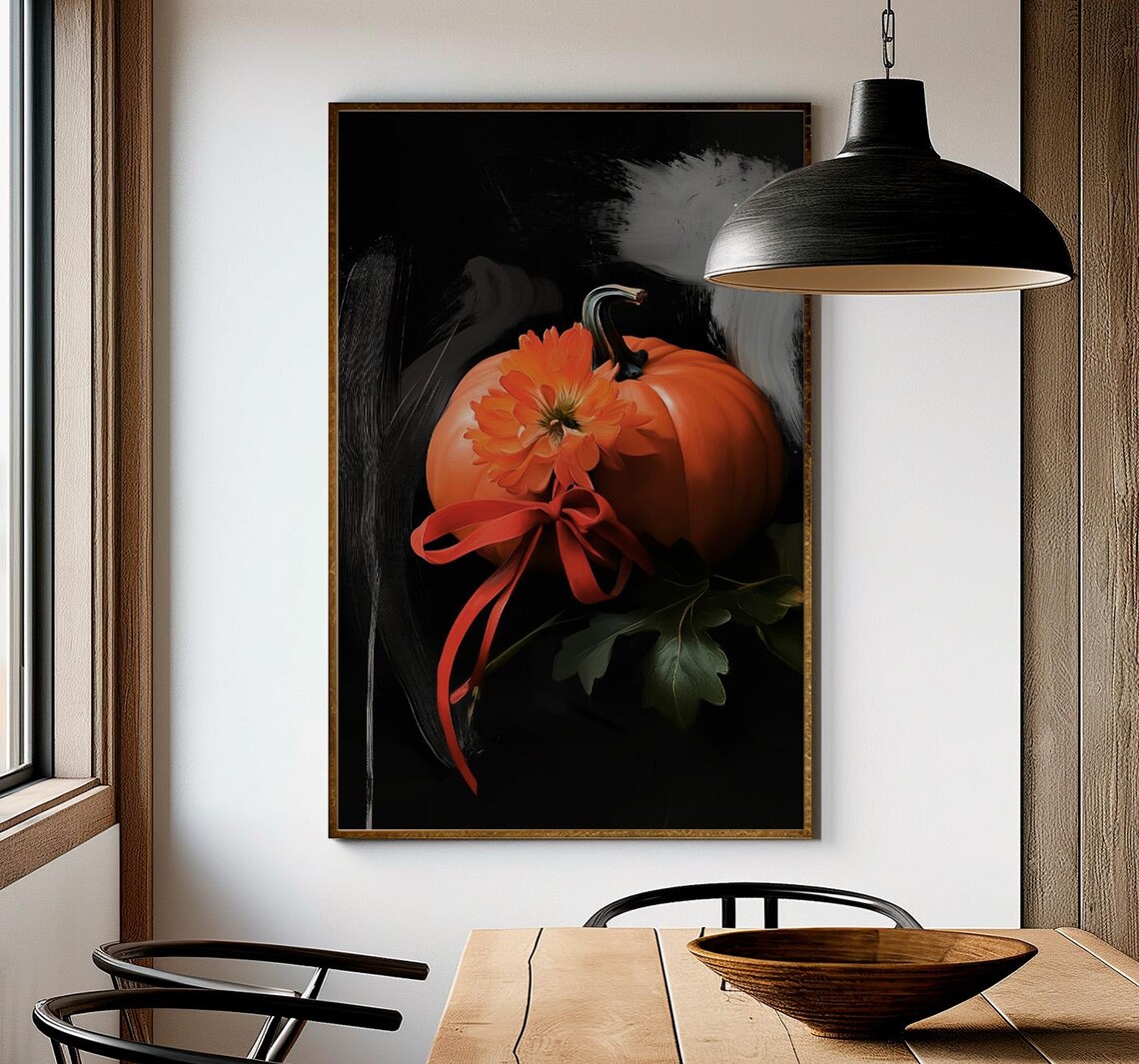 Orange Pumpkin With Red Bow And Dahlia On Black Moody Art Poster - Image 2