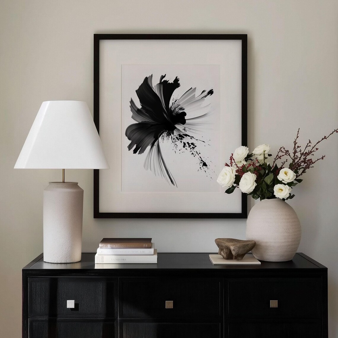 Black Ink Brush Abstract Flower Modern Minimalist Art Poster - Image 3