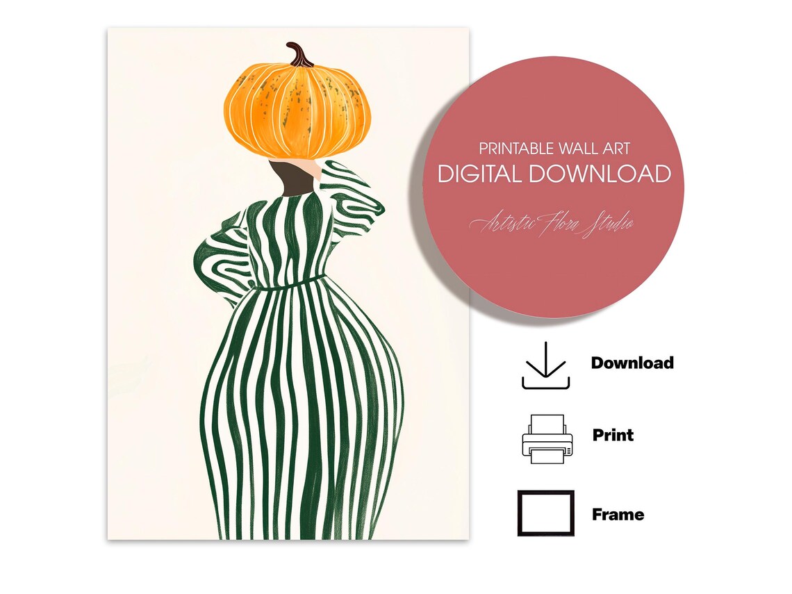 Pumpkin Head Woman in Striped Dress Fall Autumn Illustration Poster - Image 3