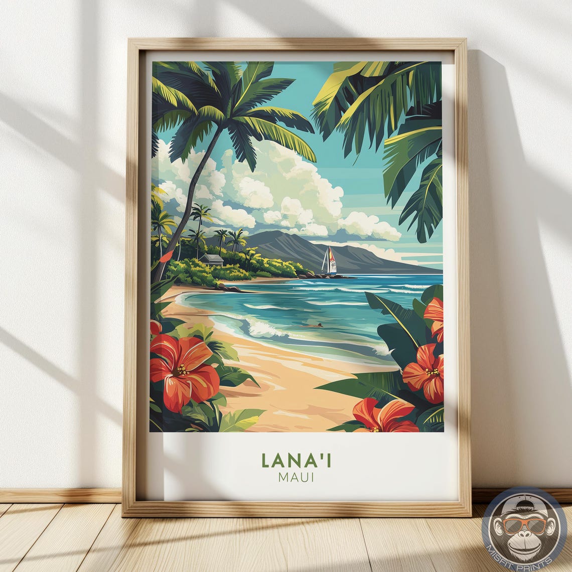 Lana'i Maui Tropical Beach Palm Trees Hibiscus Flower Travel Poster