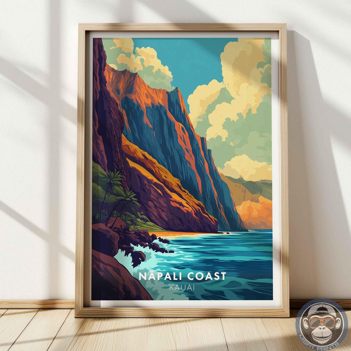 Napali Coast Kauai Sunset Cliffs Ocean Waves Retro Travel Art Print
