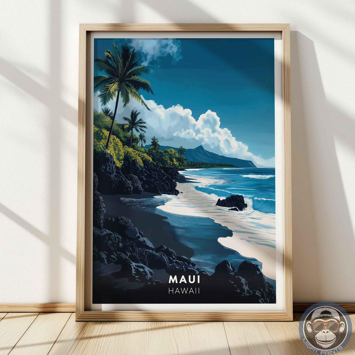 Maui Hawaii Volcanic Black Sand Beach Palms Ocean Travel Poster