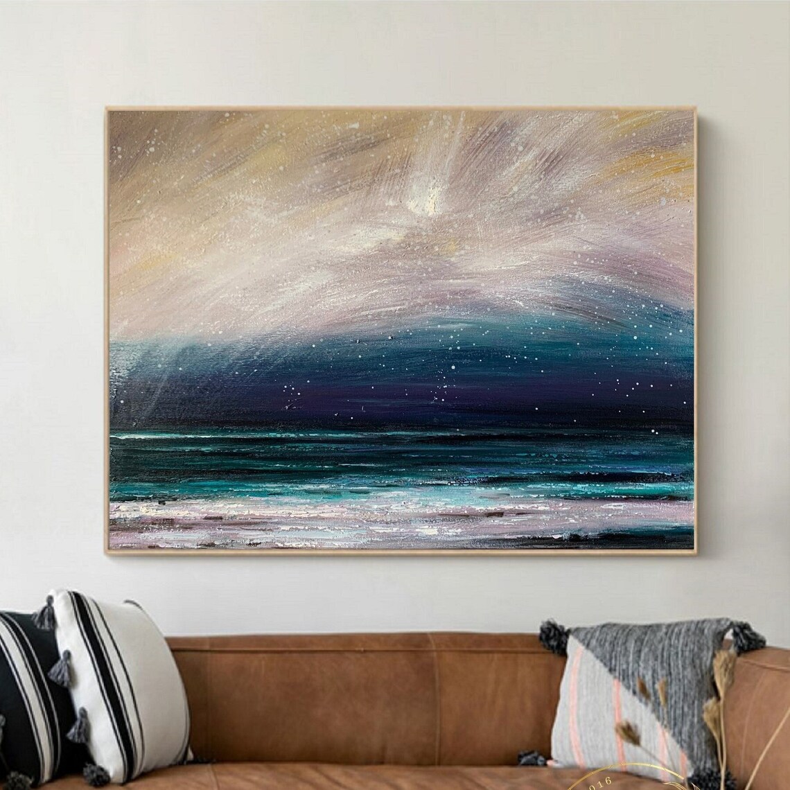 Starry Night Over the Ocean in Teal and Gold Abstract Poster