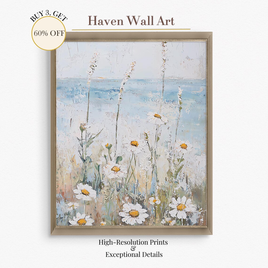 White Daisies by the Blue Sea Coastal Summer Floral Art Poster