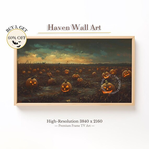 Haunted Pumpkin Field Jack O Lanterns Spooky Halloween Landscape Wall Art