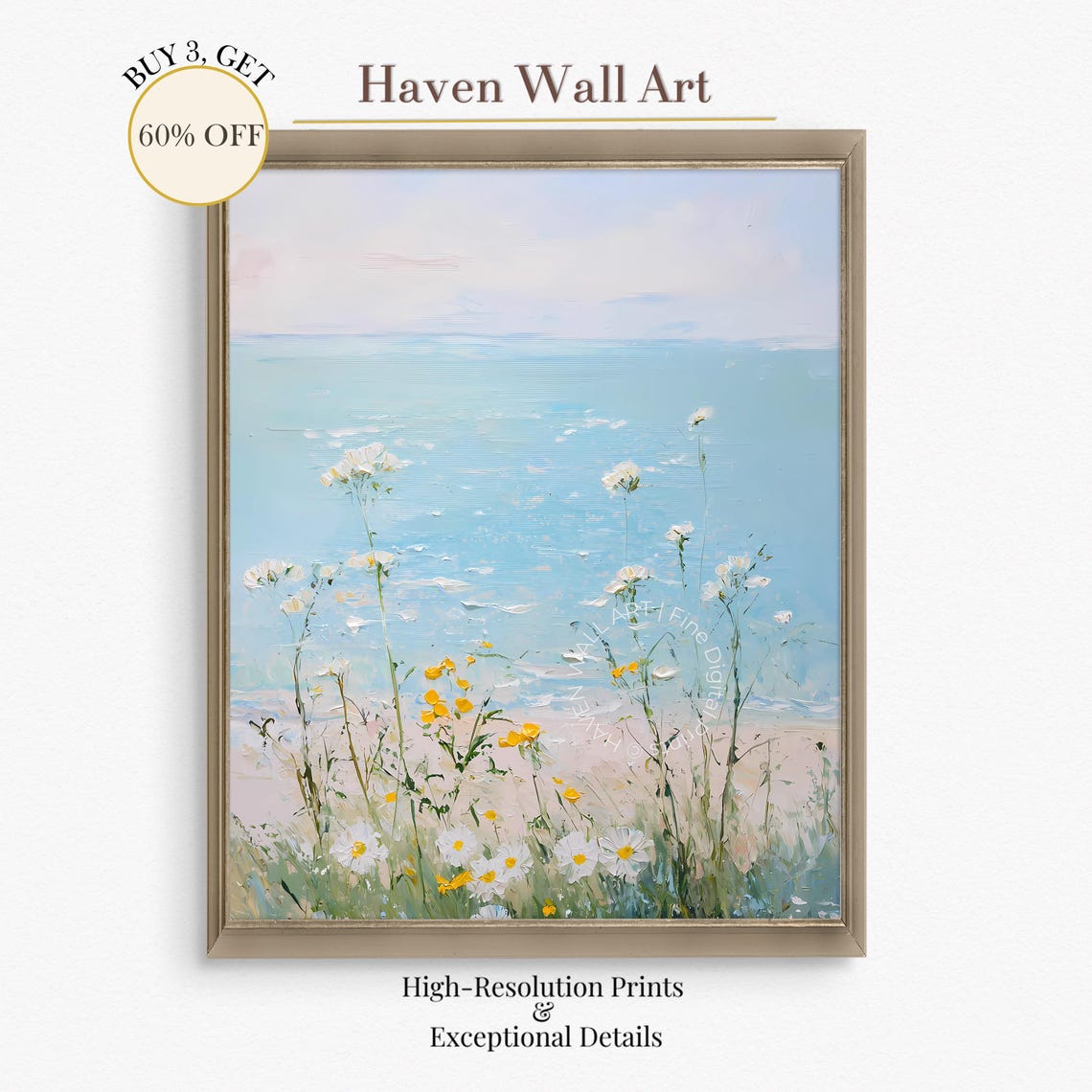 Seaside Wildflowers Daisies on Coastal Bluff Ocean View Wall Art