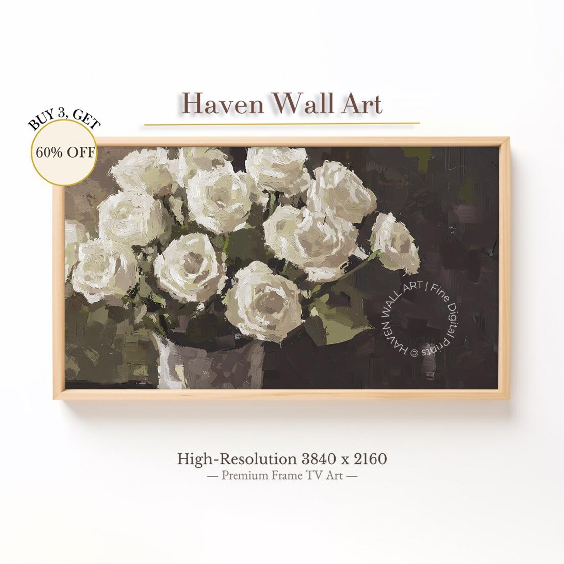 White Roses in Vase Impasto Floral Still Life Oil Painting Poster