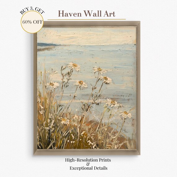 White Daisies by the Sea Textured Impasto Coastal Floral Poster