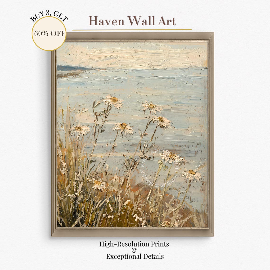 White Daisies by the Sea Textured Impasto Coastal Floral Poster