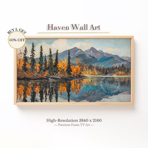 Bold Autumn Forest Mountain Lake Frame Tv Art High Contrast Fall Landscape Oil Painting Samsung Tal061