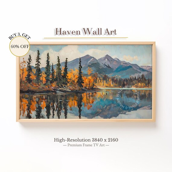 Bold Autumn Forest Mountain Lake High Contrast Fall Oil Poster