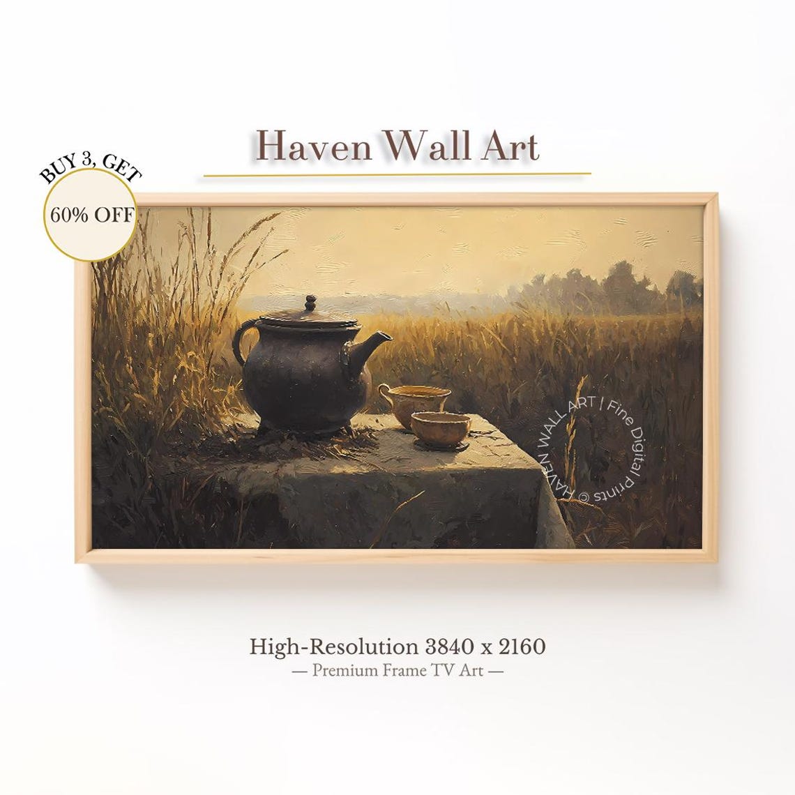 Teapot and Cups in Golden Wheat Field Sunset Oil Painting Poster