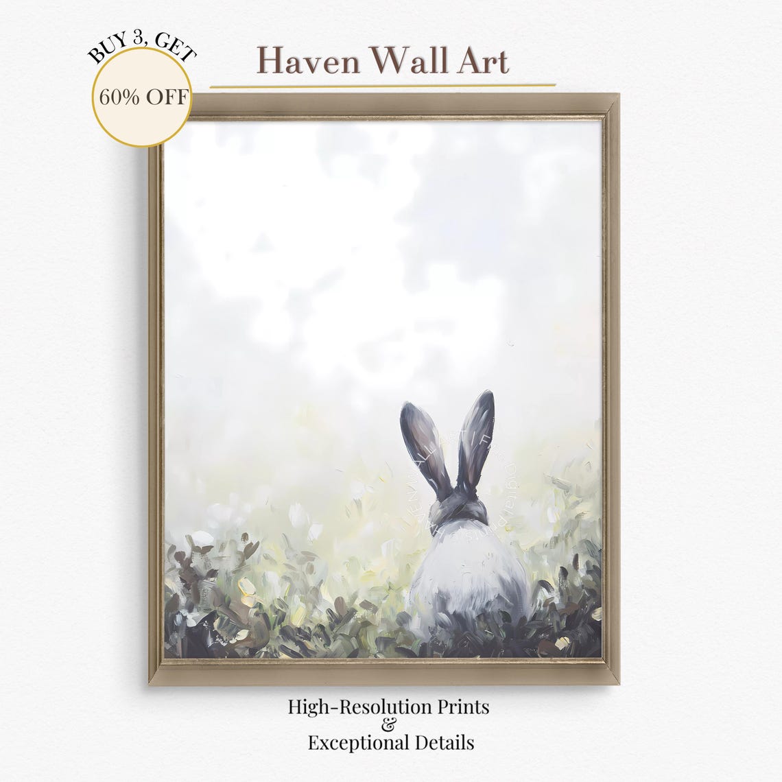 Grey Bunny Meadow Back View Minimalist Soft Rabbit Painting Poster