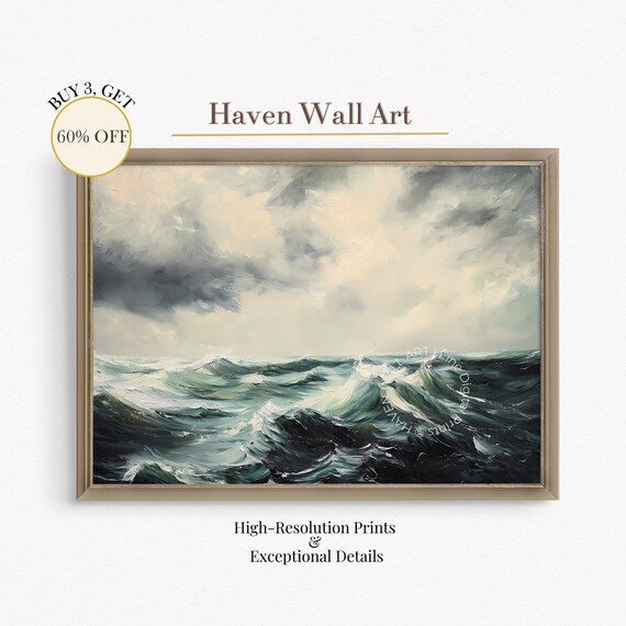 Stormy Ocean Swells Dark Moody Wave Seascape Oil Painting Poster