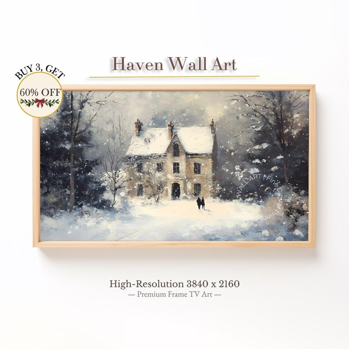 Snowy Manor House Falling Snow Two Figures Winter Painting Poster