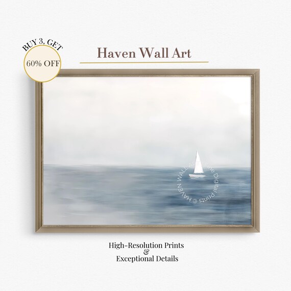 Tiny Sailboat on Calm Blue Ocean Minimalist Serene Coastal Sea Poster