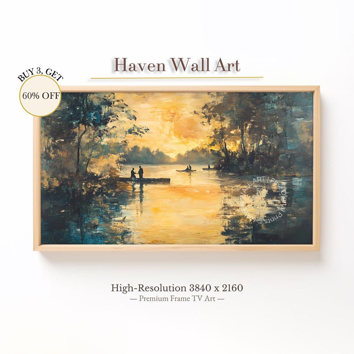 Golden Sunset River Fishermen Silhouettes Impressionist Poster