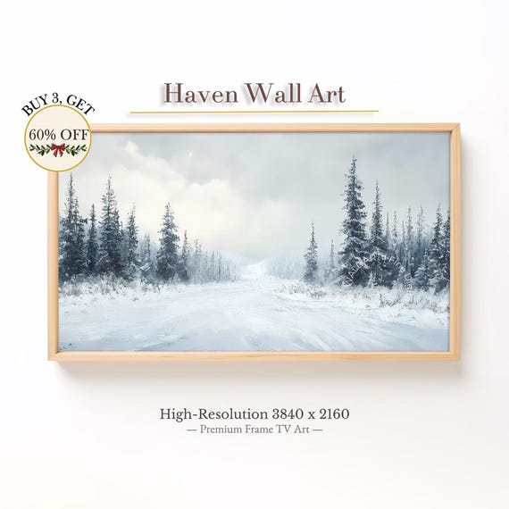 Winter Forest Road Snowy Pine Tree Landscape Samsung Frame Tv Art Rustic Decor Vintage Twl014