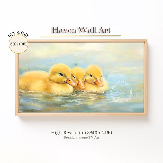 Three Yellow Ducklings Swimming Soft Water Blue Spring Art Poster