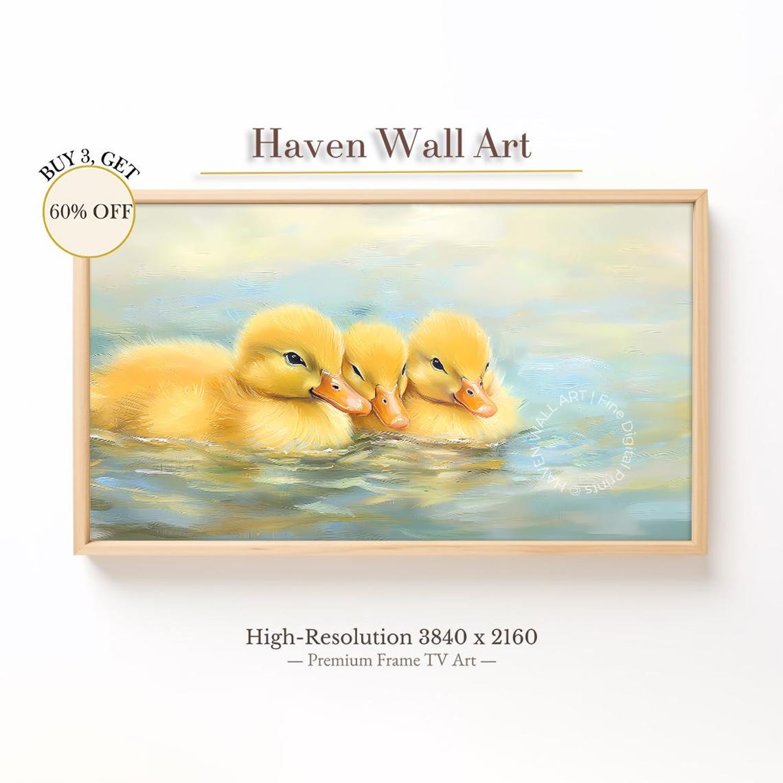 Three Yellow Ducklings Swimming Soft Water Blue Spring Art Poster
