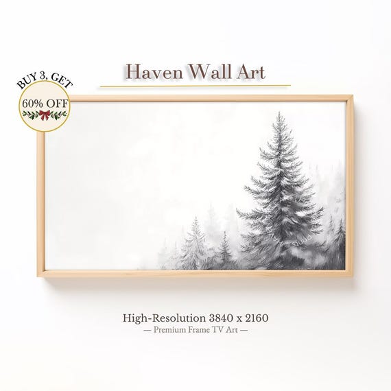 Winter Solitude Pine Samsung Frame Tv Art Minimalist Black And White Tree Landscape Nordic Wall Modern Decor Twl066